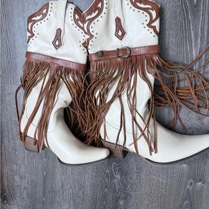Amazon Cream and Brown Fringe Heeled Boots